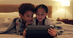 Kid, together and watching a video on tablet in bed with comedy in home for entertainment. Children, sibling and tech for streaming a movies or game in bedroom at night for bond or to relax with app.