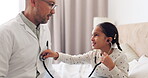 Bed, stethoscope and happy child playing with doctor, check medical health, breathing or patient cardiology. Bedroom lungs test, pediatrician and healthcare person smile for fun kid game at home