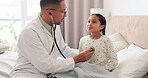 Bed, stethoscope and doctor, breathing child and check heart beat for flu, covid 19 or chest symptom. Bedroom lungs test, kid medical exam and healthcare person listening in home pediatrician service