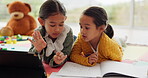 Tablet, online learning and kids doing math on internet for homework together or homeschooling and development. Education, digital and children in a virtual class for elearning software on a website