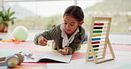 Math, assessment and kid counting for learning numbers doing homework as development with a colorful toy. Mathematics, education and child or girl with knowledge on a kindergarten school floor