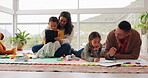 Family, homework with kid for learning on floor with tablet for development or creative in home. Teaching, parents and children with school work to write for growth with tech for skill with reading.