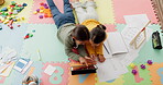 Tablet, education and girl children in their home together from above for learning, growth or development. Technology, school and homework with sister kids lying on the floor in their bedroom