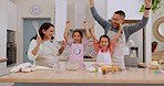 Kitchen celebration, baking and happy family applause, excited and smile for dessert, food or recipe ingredients success. Cheers, achievement and home mom, dad and kids celebrate learning cooking