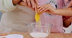 Teaching, egg and hands of kids baking dessert, wheat flour or helping prepare food ingredients, snack and bonding with parents. Kitchen chef, closeup bowl and young kids learning home cooking skills