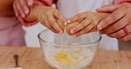 Kitchen, eggs and hands of kid baking dessert, food or prepare recipe ingredients with support help from teaching parents. Child development, closeup bowl and young kids learning home cooking skills