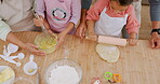 Learning, family and children baking with parents in a home kitchen counter together to prepare dessert as a skill. Mother, mother and father teaching or helping kids with a cookies recipe or food