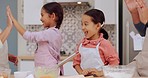 Kitchen high five, baking celebration and happy children excited, celebrate and applause for dessert, food or learning success. Family achievement, winner and home mom, dad and kids clap for cooking