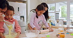 Learning, mother and kids baking with parents in a home kitchen counter together to prepare dessert as a skill. Family, mother and father teaching or helping children with a cookies recipe or food