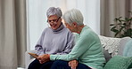 Happiness, sofa and senior women holding photograph in nursing home for conversation with love. Retirement, memory and elderly female on couch with photo frame for bond in living room with sisters.