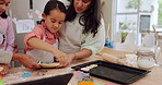 Grandma and mother teaching children baking in a home kitchen counter together to prepare dessert as a skill or care. Family, mom and girls learning or helping kids with a cookies recipe or food