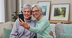 Happy senior woman, friends and selfie for photograph, memory or picture together on living room sofa at home. Elderly women smile for photo, friendship or social media in retirement or old age