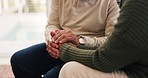 Closeup, holding hands and senior couple with love, empathy and comfort with trust, gratitude and peace. Zoom, elderly man and old woman with compassion, retirement and healing together with sympathy