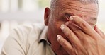 Senior man, thinking and tired face in nursing home, worry or stress for future, decision or life in retirement. Elderly person, anxiety or fear with mental health, fatigue or regret for decision