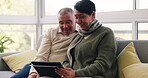 Senior couple, talking on tablet and conversation or communication in home with social media, network or connection. Chat, online or people relax together on call or speaking with family on a app