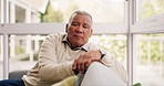 Senior man, thinking and sofa in home, worry or stress for future, decision or remember in retirement. Elderly person, anxiety or fear for mental health, fatigue or vision for doubt, question or life