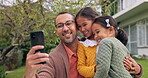 Father, children or family outdoor for a selfie in a backyard with a smile, happiness and love. A happy man and girl kids together for social media profile picture, quality time and bonding at house