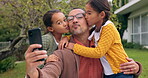 Father, children and kiss outdoor for a selfie in a backyard with care, happiness and love. A happy man and girl kids or family together for social media profile picture, quality time and bonding
