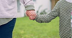 Mother, child or family holding hands outdoor in a backyard for love, care and trust. Closeup of a woman and girl kid together for quality time, security and guidance or support for development