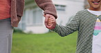 Family, parent and child holding hands outdoor in a backyard for love, care and trust. Closeup of a person and a happy girl kid together for quality time, security and guidance or support for safety