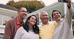 Family, senior parents and selfie in backyard with smile, hug and bonding in summer sunshine for web blog. Group of people, memory and happy for photography, profile picture and social network app