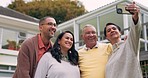 Family, elderly parents and selfie in backyard with smile, hug and bonding in summer sunshine for web blog. Group of people, memory and happy for photography, profile picture and social network app