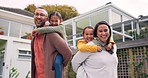 Family, children and piggyback fun outdoor in backyard with care, happiness and love. Portrait of a happy man, woman or parents and kids laughing together for quality time, play and bonding at home