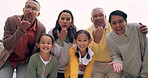 Children, family and blow kiss for video call outdoor in nature with a smile, happiness and love. Portrait of men, women or parents and grandparents with kids for fun game, quality time and bonding
