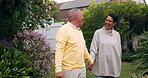 Love, funny and holding hands with old couple in garden for retirement, happy or relax. Care, support and smile with senior man and woman laughing in backyard of home for happiness, romance and trust