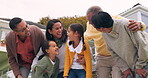 Children, parents and grandparents outdoor in a backyard with care, happiness and love. Happy family with men, women and kids together for quality time, play and bonding while talking at home