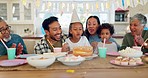 Family, birthday party and cake with celebration, applause and singing with kids, home or cheerful. Children, happy mother or father with grandparents, blowing candles or excited with joy or clapping