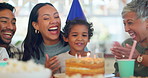 Children, blow candles and family for birthday party celebration and clapping, cheers or excited at home. Happy interracial people, excited grandmother and kids cake for holiday dessert and success