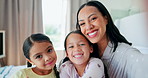 Selfie, face and mother with children in bedroom, smile and bonding together in home. Portrait, kids and mom with profile picture in bed for happy memory, photography or quality family time in house