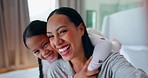 Face, selfie and mother with child in bedroom, smile or bond together in home. Portrait, mom and kid with profile picture laughing in bed for funny memory, photography or quality family time in house