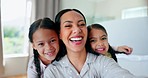 Face, selfie and funny mother with kids in bedroom, smile and bonding together in home. Portrait, mom and excited children with profile picture in bed for happy memory, photography and laughing