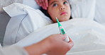 Thermometer, sick and hands of parent help kid or test flu on a bed in a bedroom at home for monitoring care and love. Hand, healthcare and child or girl with illness or virus and mother with support