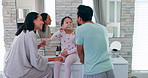 Happy, family and brushing teeth in bathroom for teaching in home with child in morning. Kid, learning and parents with toothbrush for oral care during routine with fresh breath or healthy habits.