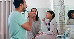 Family, happy and brushing teeth in morning for teaching a child in bathroom for routine. Parents, kid, learn and toothbrush for oral care or fresh breathe for healthy habit in home for dental clean.