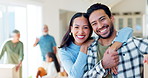 Happy, couple with love and portrait of moving into new home with family in living room or pride for house, real estate or property. Homeowners, people together and smile on face with happiness