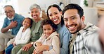 Happy big family, sofa and selfie laughing for photograph, memory or bonding in living room at home. Portrait of parents, grandparents and children in happiness for quality time or photo together