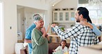 Home surprise, couple and keys for parents, property shopping and excited about a house. Giving, wow and a man, woman and senior people in a living room for real estate and homeowners as a family