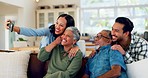 Selfie, family and senior couple relax on a sofa, bond and enjoy the weekend together in their home. Love, photo and adult siblings with elderly parents in living room for profile picture or memory