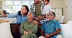 Selfie, smile and happy big family on a sofa bond, relax and chilling at home together. Smartphone, photo and boy child with parents and grandparents in a living room with love and profile picture