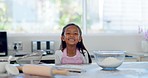 Face, kitchen and girl with a smile, baking and learning with food, prepare ingredients and happiness. Portrait, home or female kid with joy, cooking and child development with a recipe and breakfast