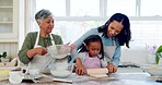 Grandparents, parents and girl baking in kitchen for lunch, breakfast and prepare meal at home. Family, bake and grandma, mom and child with flour ingredients for bonding, quality time or learning