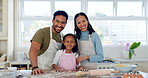 Cooking, happy and help with family in kitchen for food, breakfast and baking. Smile, support and cookies with portrait of parents and girl at home for teaching, health and wellness together