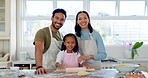 Cooking, smile and help with family in kitchen for food, breakfast and baking. Happy, support and cookies with portrait of parents and girl at home for teaching, health and wellness together