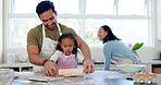 Cooking, teaching and help with family in kitchen for food, breakfast and cookies. Happy, support and leaning with parents and girl baking at home for dessert, health and wellness together