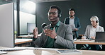 Call center, speaking and business man, consultant or agency services, advice or customer support and information. Communication of african person talking, virtual help and contact office on computer