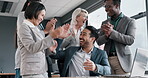 Winner, success and business people on laptop for financial bonus, stock market goals or profit celebration in office. Trading group of men and women, high five and applause, yes and news on computer